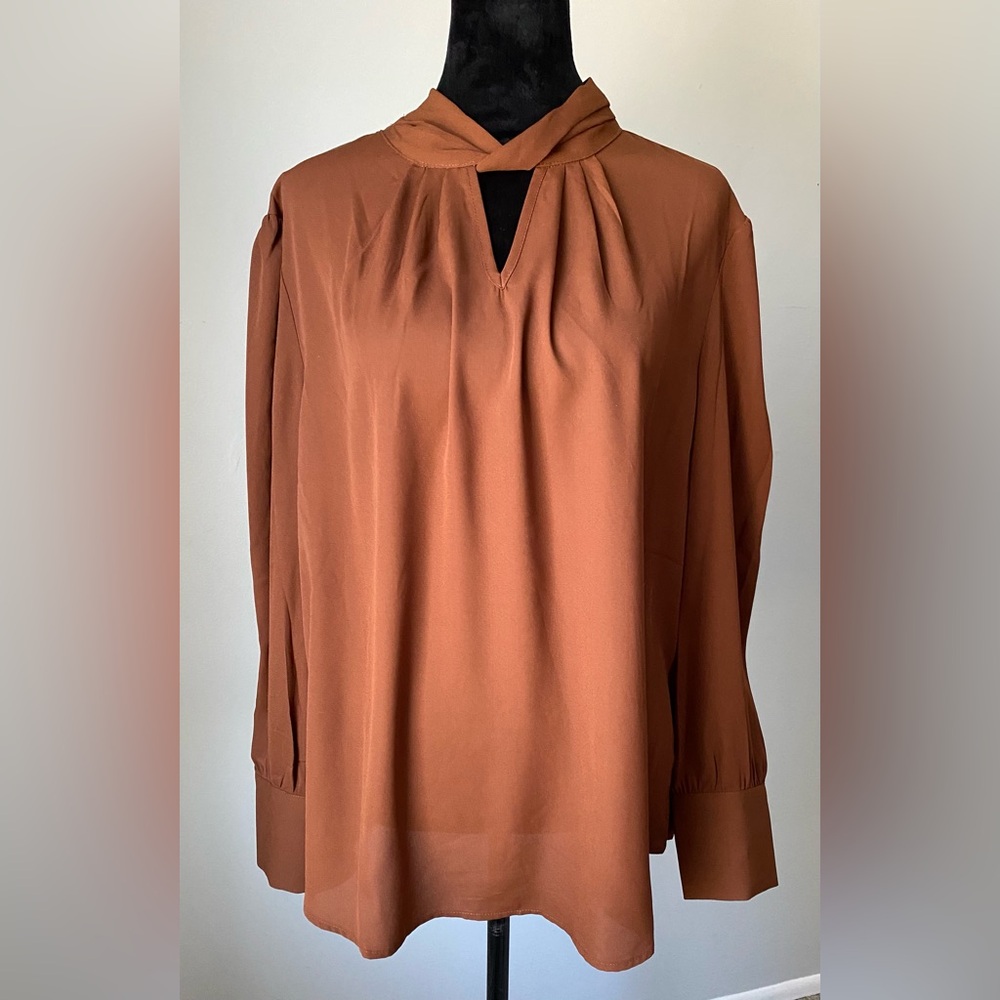 NWT Adrianna Papell Twisted Collar Long Sleeve Pullover Top in Bronze